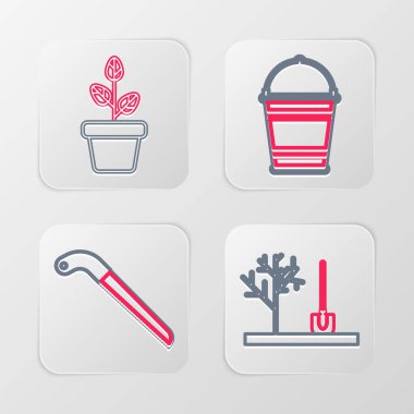 Yerdeki gübre torbasına ağaç dikme ve saksı ikonunu yerleştir. Vektör.