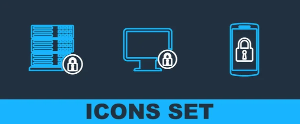 Set Line Smartphone Lock Server Security Lock Monitor Icon Vector — ストックベクタ