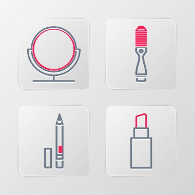 Sabit çizgi, göz kalemi, saç fırçası ve yuvarlak makyaj aynası ikonu. Vektör.