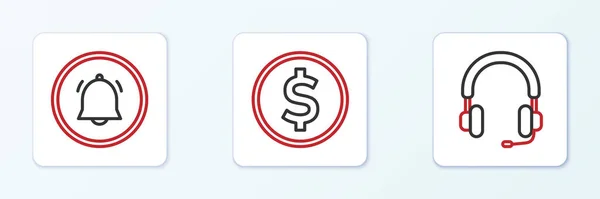 Set Line Headphones Button Chat Notification Coin Money Dollar Icon — 图库矢量图片