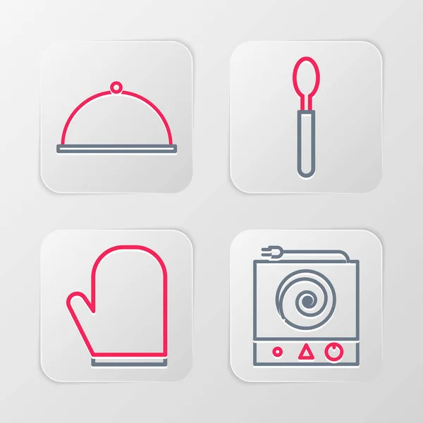 Set Line Electric Stove Oven Glove Spoon Covered Tray Icon — 图库矢量图片