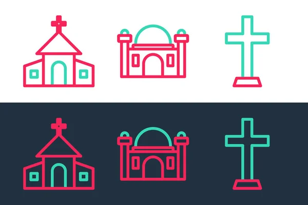 Set Line Christian Cross Church Building Muslim Mosque Icon Vector — Vector de stock