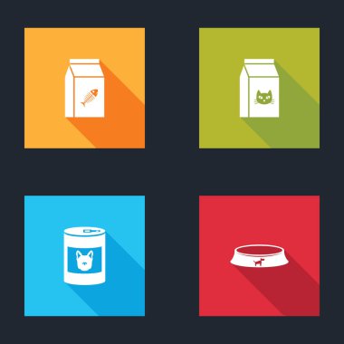 Kedi, konserve köpek ve evcil hayvan kasesi ikonu için yiyecek seti. Vektör.