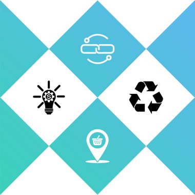 Ampulü teçhizatlı, alışveriş sepetli, zincir halkalı ve geri dönüşüm sembollü ayarla. Vektör.