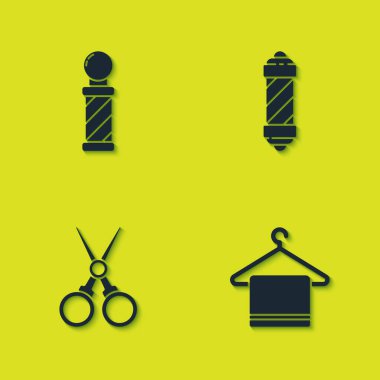 Klasik berber direği, askıda havlu, makas kuaförü ve ikon. Vektör.