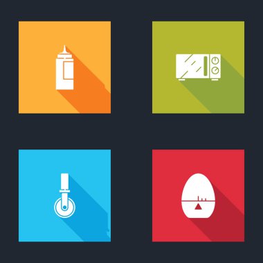 Sos şişesi, mikrodalga fırın, pizza bıçağı ve mutfak zamanlayıcısı ikonu. Vektör.