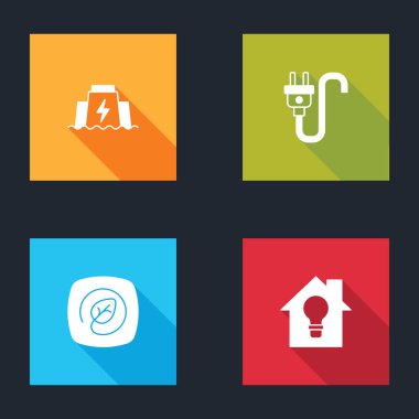 Hidroelektrik barajı, elektrik prizi, yaprak, akıllı ev ve ampul ikonu olan bir yer ayarla. Vektör.