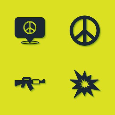 Set Location peace, Bomb explosion, M16A1 rifle and Peace icon. Vector.