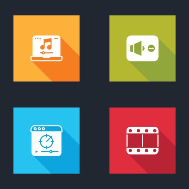 Dizüstü bilgisayarı müzikle ayarla, Hoparlör sessiz, Çevrimiçi oynat ve simgeyi çal. Vektör.
