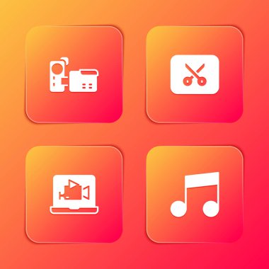 Sinema kamerası, müzik veya video düzenleme, çevrimiçi çalma ve not, ton simgesi. Vektör.
