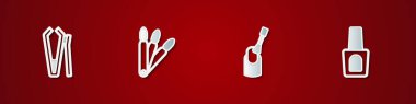 Set Nail cutter, False nails, manicure and Bottle of polish icon. Vector.