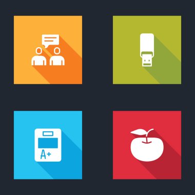 Oturan iki adamı USB bellek sınav kağıdında A + sınıfı ve Apple simgesiyle konuştur. Vektör.