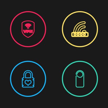 Set line Padlock with heart, Please do not disturb, Wifi locked and Shield VPN wireless icon. Vector.