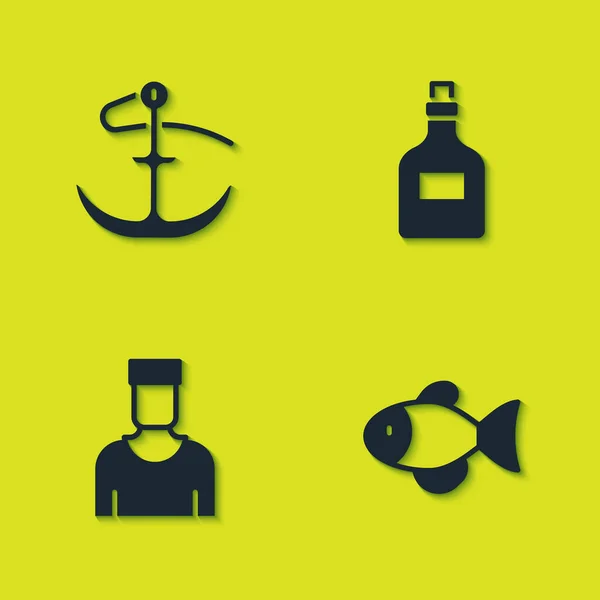 Set Anchor Fish Sailor Captain Rum Bottle Icon Vector — Stockvektor