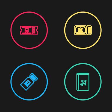 Tren bileti, kapak kitabı seyahat rehberi, müze ve otobüs ikonu. Vektör.