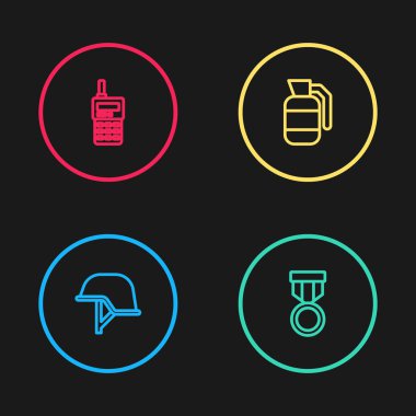 Askeri miğfer, ödül madalyası, el bombası ve telsiz ikonu. Vektör.