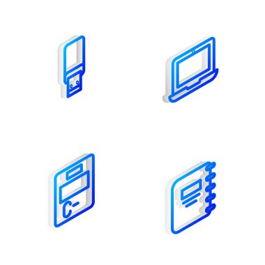 Isometric satırı USB USB bellek sınav kağıdını yanlış cevaplarla ve Not Defteri simgesiyle ayarla. Vektör.