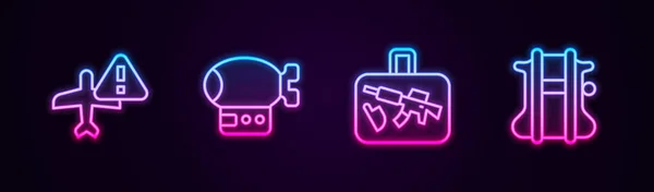 Set Line Warning Aircraft Airship Suitcase Parachute Glowing Neon Icon — Archivo Imágenes Vectoriales
