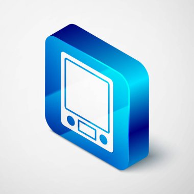 Gri arkaplanda izole edilmiş Isometric Elektronik ölçekler simgesi. Ağırlık ölçüm aletleri. Mavi kare düğme. Vektör.