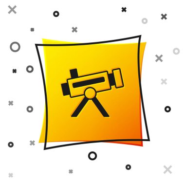 Siyah Teleskop simgesi beyaz arkaplanda izole edildi. Bilimsel bir alet. Eğitim ve astronomi elementi, dürbün ve çalışma yıldızları. Sarı kare düğme. Vektör.