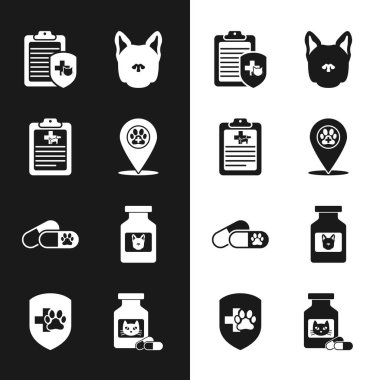 Set Location veterinary Clinical record pet Dog and pills and medicine bottle icon. Vector.