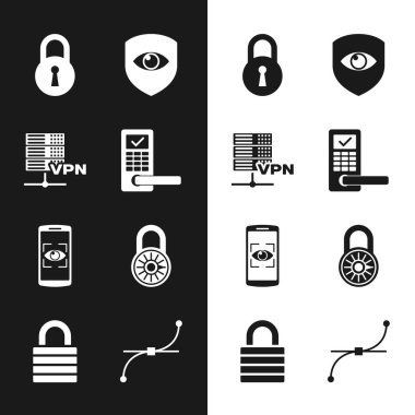 Dijital kapı kilidini kablosuz sunucu VPN Kilit Kalkanı ve göz gezici tarama ve güvenli kombinasyon tekerlek simgesi ile ayarla. Vektör.