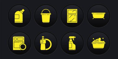 Mutfak bulaşık makinesini, bulaşık makinesini, bulaşık deterjanı spreyini ve deterjan temizleme servisini ayarla. Pencereler için kova plastik leğen sabun köpüğü ve şişe temizleme ikonu. Vektör.