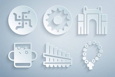 Pan flüt Hindistan Kapısı Delhi Kupası çay ve yaprak tespih dini çakra ve Hindu gamalı haç ikonu. Vektör.