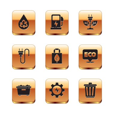 Set Recycle clean aqua Trash can Gear and lightning Shopping bag with recycle Electric plug saving leaf and car charging station icon. Vector.