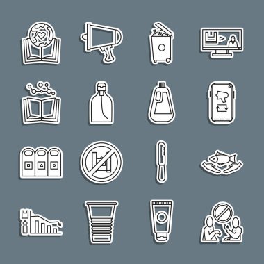 Plastik kirliliği durdurun, balık bakımı, mobil çöp tenekesi, sıvı sabun kutusu, kitap, dünya küresi ve bulaşık yıkama ikonu. Vektör.