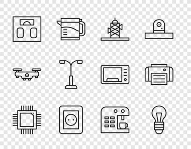 CPU ampulü, Anten Elektrik prizi, banyo lambası, sokak lambası kahve makinesi ve matbaa ikonu ile hat işlemcisini ayarlayın. Vektör.