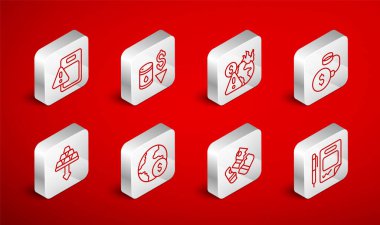 Ham petrol fiyatında sözleşmeli para ve kalem düşüşü Küresel ekonomik kriz topunu kredi kartı ve altın külçeler ikonuna zincirlediler. Vektör.