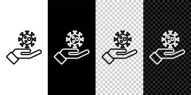 Set line Hand with virus icon isolated on black and white background. Corona virus 2019-nCoV. Bacteria and germs, cell cancer, microbe, fungi. Vector..