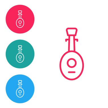 Beyaz arkaplanda kırmızı çizgi müzik aleti Lavta simgesi izole edildi. Arapça, doğulu, Yunan müzik aleti. Simgeleri daire düğmelerine ayır. Vektör.