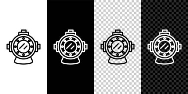 Aqualung simgesini siyah beyaz, şeffaf arkaplanda ayır. Dalış kaskı. Su altı ekipmanları. Vektör.