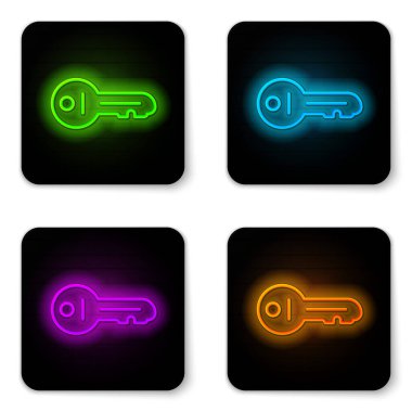 Glowing neon line Old key icon isolated on white background. Black square button. Vector.