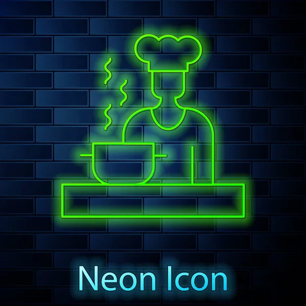 Glowing Neon Line Spanish Cook Icon Isolated Brick Wall Background — Archivo Imágenes Vectoriales