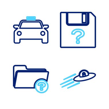 UFO uçan uzay gemisi ve bilinmeyen dizin belgesi ve taksi araba simgesi ayarla. Vektör.