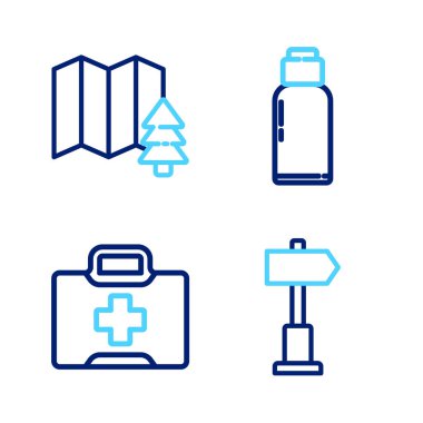 İlk yardım çantası, kantin su şişesi ve orman ikonunun yerini belirle. Vektör.