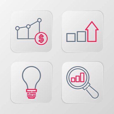 Set line Magnifying glass and analysis Light bulb with concept of idea Financial growth and Pie chart dollar icon. Vector.