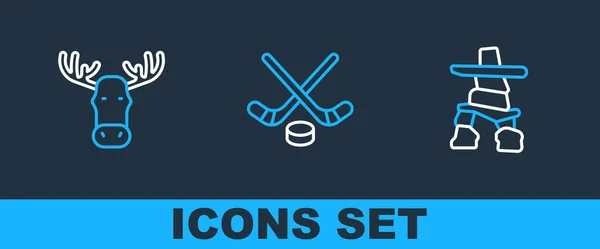 Set Line Inukshuk Moose Head Horns Ice Hockey Sticks Puck — Vector de stock