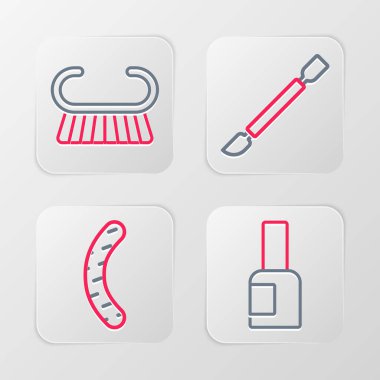 Tırnak cilası, tırnak törpüsü ve pedikür fırçası ya da rendelenmiş ikon satırını ayarla. Vektör.