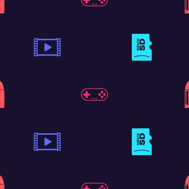 Mikro SD hafıza kartını, Video Oynat, Oyun Alanı ve Mermiyi kusursuz desen üzerine ayarla. Vektör.