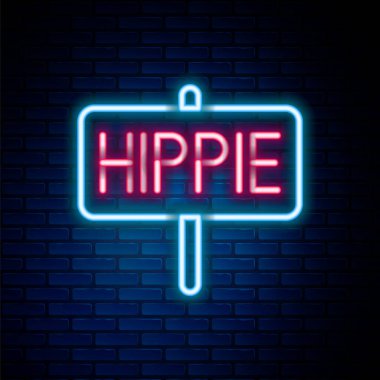 Parlayan neon hattı. Tuğla duvar arkasında barış simgesi izole edildi. Hippi barış sembolü. Renkli taslak konsepti. Vektör