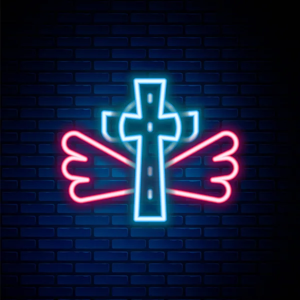 Parlayan Neon Hattı Hıristiyan Haç Simgesi Tuğla Duvar Arkasında Izole — Stok Vektör
