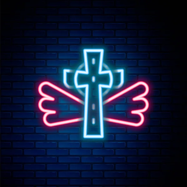 Glowing Neon Line Christian Cross Icon Isolated Brick Wall Background — Stock Vector