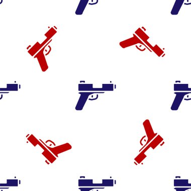 Blue and red Pistol or gun icon isolated seamless pattern on white background. Police or military handgun. Small firearm.  Vector.