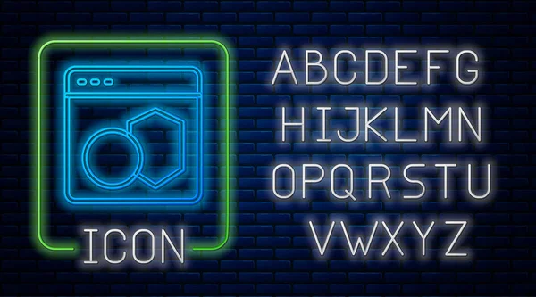 Leuchtende Neon Software Web Entwickler Programmiercode Symbol Isoliert Auf Ziegelwand — Stockvektor