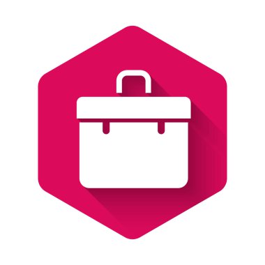 White Briefcase icon isolated with long shadow background. Business case sign. Business portfolio. Pink hexagon button. Vector.
