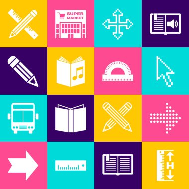 Set Measuring height and length Dots arrow Pixel cursor arrows four directions Audio book Pencil Crossed ruler pencil and Protractor grid icon. Vector.